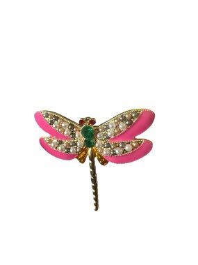 Vintage Pink Dragonfly Brooch with Pearls & Green Crystals